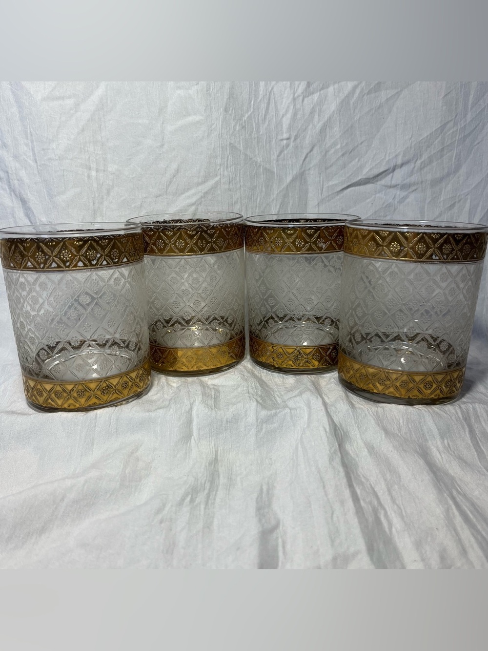 4 Vintage Culver Scintilla 22k Gold Lowball Tumblers MCM Hollywood Regency Rocks